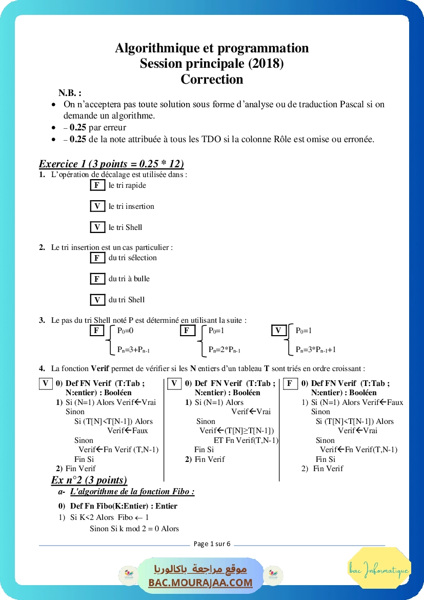 Corrigé principale algorithme Bac 2018 – Section info